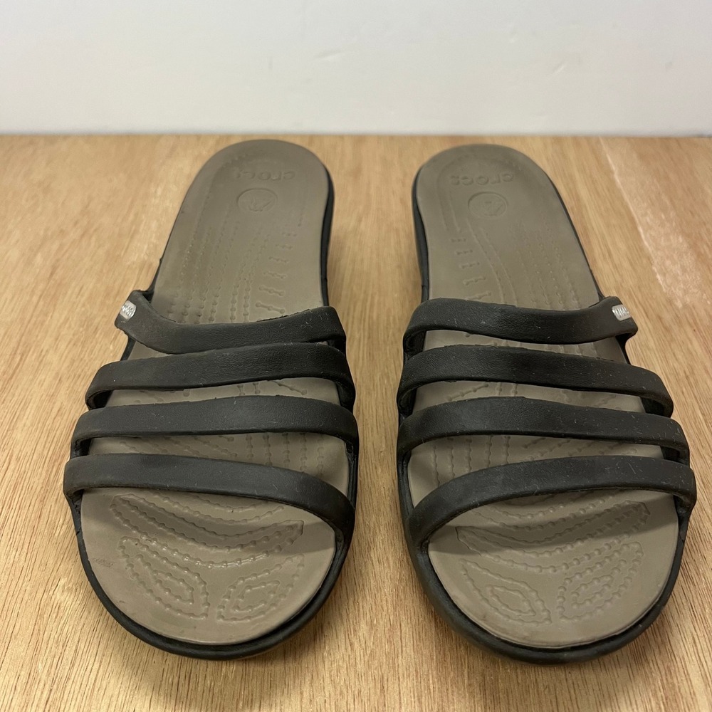 CROCS Strappy Platform Wedge Sandals Womens Size 6 Brown Khaki Comfy Slip On